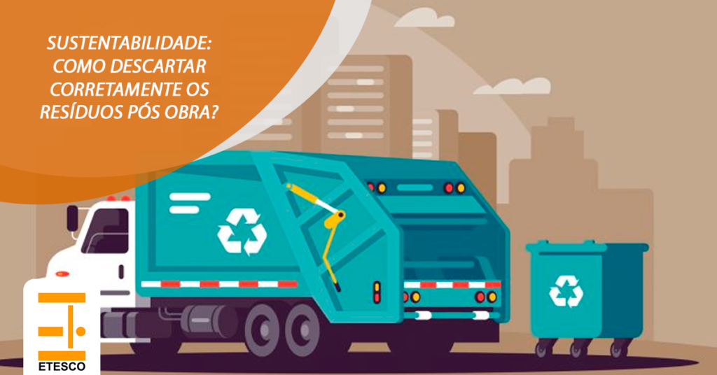 A imagem mostra um caminhão de lixo e um cesto de lixo reciclável ao lado ajudando a sustentabilidade do planeta.