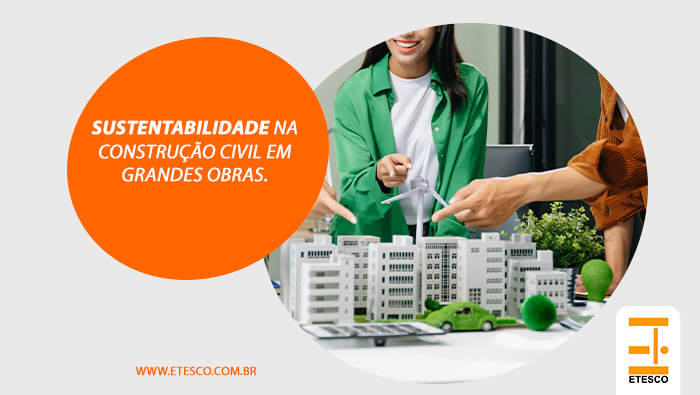 Grupo de pessoas analisando maquete sustentável com turbinas e painéis solares, representando inovação e sustentabilidade.